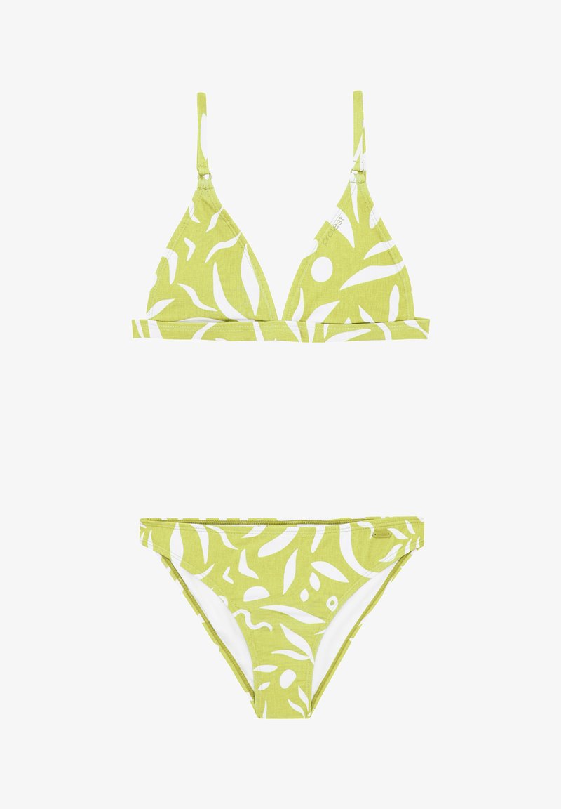 Ensemble de bikini vert comprenant un haut triangulaire avec des bretelles ajustables et une culotte. Les deux pièces présentent un motif de feuilles blanches sur un tissu texturé.