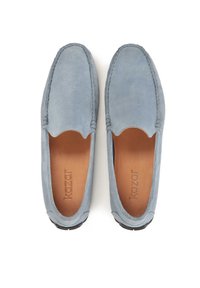 Blue suede loafers with a scalloped opening, stitched detailing, and brown leather interior. The sole features a textured grip for traction.