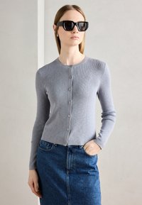 Pilkas raštuotas kardiganas su apvalia iškirpte ir mygtukų uždarymu, derinamas su džinsiniu sijonu. Modelis dėvi dideles juodas saulės akinius.
