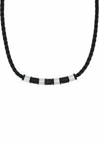 Schwarze geflochtene Schnur-Halskette mit abwechselnd schwarzen und silbernen zylindrischen Perlen, die eine glatte Textur und ein minimalistisches Design aufweist.