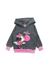 Haut à capuche gris avec un intérieur et des poignets roses. Présente un graphisme d'un personnage soufflant un chewing-gum, avec des accents à pois et du texte.