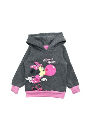 Haut à capuche gris avec un intérieur et des poignets roses. Présente un graphisme d'un personnage soufflant un chewing-gum, avec des accents à pois et du texte.