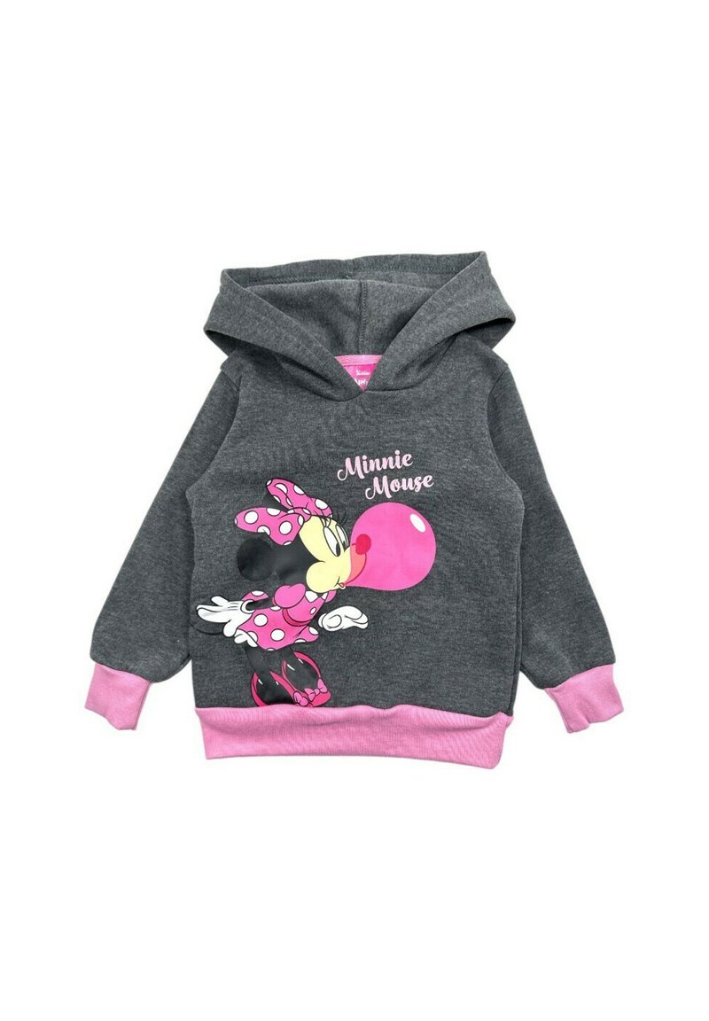 Haut à capuche gris avec un intérieur et des poignets roses. Présente un graphisme d'un personnage soufflant un chewing-gum, avec des accents à pois et du texte.