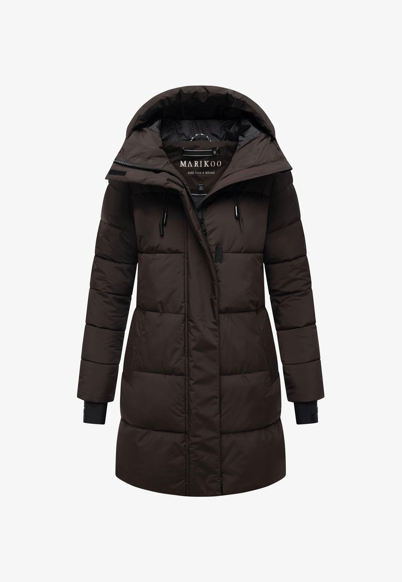 Garšīgs tumši brūns siltināts ziemas mētelis ar kapuci, priekšējo rāvējslēdzēju un sānu kabatām, paredzēts aukstam laikam.