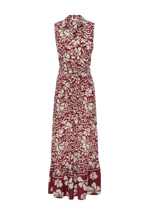 Sukienka maxi bez rękawów z kołnierzykiem, w bordowo-biały wzór kwiatowy, zapinana na guziki z przodu, z dopasowanym paskiem z tego samego materiału w talii.