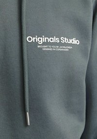 Sudadera verde hecha de tela suave, con un bolsillo canguro, cordón ajustable y texto de logo blanco impreso en el pecho.