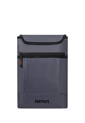 Gray fabric pouch with black zipper pocket and black Fortnite logo embroidered at the bottom center.