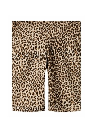 Pantaloncini elasticizzati al ginocchio con motivo leopardato beige e marrone e fascia in vita larga.