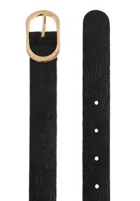Črn usnjen pas z vdelanim cvetličnim vzorcem, zaponka v zlatem tonu iz kovine in več prilagodljivih lukenj po dolžini za prilagajanje velikosti.