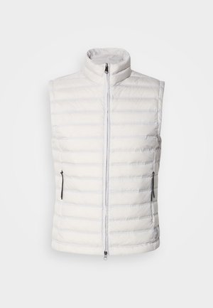 White puffer vest with a high collar, vertical stitching, front zipper, and two side pockets, featuring a sleek, smooth texture.