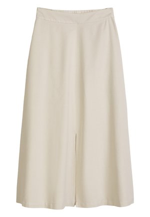 Μπεζ μίντι φούστα με ίσια γραμμή και μικρό άνοιγμα μπροστά, με απλή μέση χωρίς ορατά κουμπώματα.