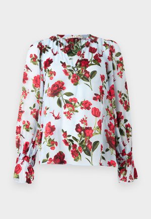 Bluza bleu cu mâneci lungi bufante, imprimeu floral roșu, decolteu în V cu nasturi și manșete strânse.