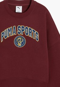 Bordeaux sweatshirt med rund hals, ribbede ærmer og et stort grafisk print med "PUMA SPORTS" og et cirkulært logo i blå og guld.