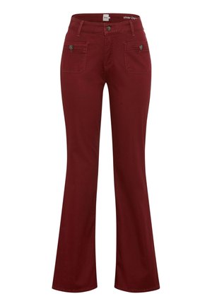 Pantaloni bootcut da donna color bordeaux con chiusura frontale a bottone, passanti per cintura e due tasche anteriori con pattina e bottone.