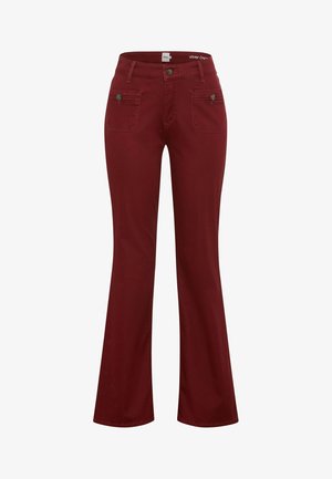 Burgunderfarbene Damen-Bootcut-Hosen mit vorderem Knopfverschluss, Gürtelschlaufen und zwei vorderen Klappentaschen mit Knöpfen.