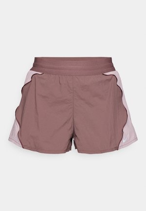 Nike running shorts in mauve, featuring a wide elastic waistband, curved light pink side panels, and a small logo on the lower right leg.