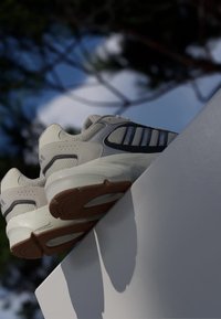 Jasnoszare buty sportowe z siateczki i materiałów syntetycznych, z ciemnoszarymi akcentami, amortyzowaną podeszwą i teksturowaną podeszwą z gumy.