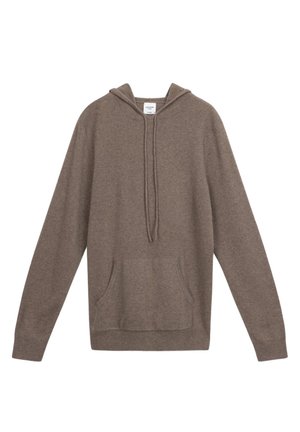 Ruskea huppari, joka on valmistettu pehmeästä kankaasta. Siinä on kengurupusikka, pitkät hihat ja säädettävät narut hupussa.