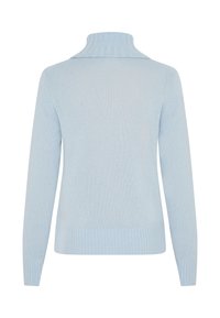 Hellblauer Pullover mit einem gerippten Rollkragen, langen Ärmeln und einer sanften Textur. Das Design zeichnet sich durch eine taillierte Silhouette mit gerippten Bündchen und Saum aus.