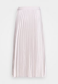 Gonna midi plissettata in satin rosa chiaro, con una fascia elastica in vita e righe verticali che creano una texture morbida e fluida.