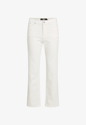 Białe dżinsy z lekko rozszerzanym dołem, z delikatnym wzorem tekstury, pięcioma kieszeniami i zapięciem na guziki z przodu.