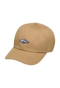 Khaki baseballpet met een gebogen klep, gemaakt van katoen, met een zwart-wit geborduurd logo aan de voorkant en zes ventilatiegaatjes.