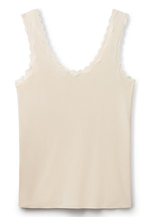 Cream-colored sleeveless top with scalloped lace trim along the V-neckline and shoulder straps on a white background.