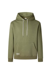 Olijfgroene katoenen hoodie met een voorzak in kangoeroestijl, een capuchon met trekkoord, ribgebreide manchetten en een klein logopatch aan de zoom.