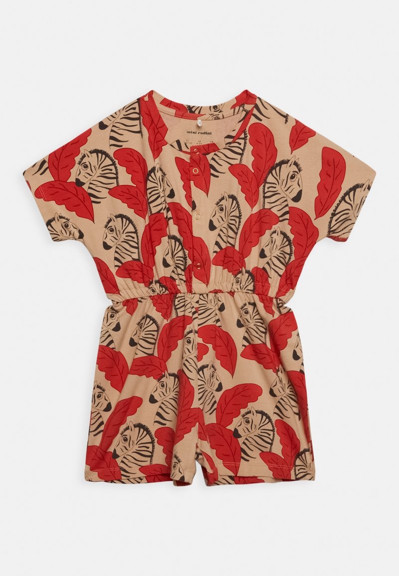 Mini kombinezon w beżowym materiale z odważnym nadrukiem czerwonych liści i twarzy tygrysa. Krótkie rękawy i elastyczna talia; zapięcie na guzik przy szyi.