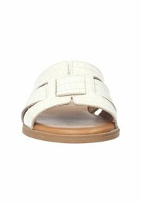 White, textured slide sandal with cut-out design and two broad straps. Brown footbed with a slight arch and rubber sole for traction.