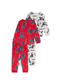 Deux ensembles de pyjamas pour enfants : l'un rouge avec des imprimés Spider-Man, l'autre gris avec des motifs similaires, tous deux en tissu en coton doux.