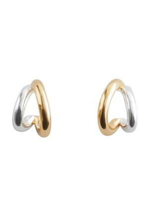 Gold and silver twisted hoop earrings, shiny finish, smooth texture, featuring a unique interlocking design with a minimalist aesthetic.