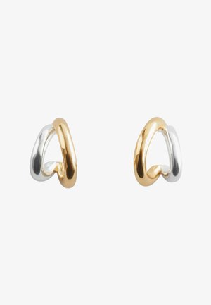 Gold and silver twisted hoop earrings, shiny finish, smooth texture, featuring a unique interlocking design with a minimalist aesthetic.