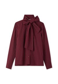 Camicia bordeaux a maniche lunghe con strisce verticali bianche, caratterizzata da un grande colletto a fiocco e chiusura frontale con bottoni. Tessuto liscio.