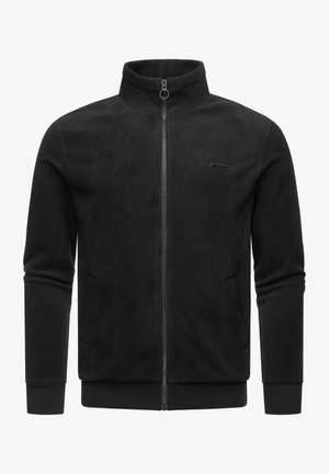 Svart fleecejakke med høy krage, hel glidelås, sidelommer og ribbede mansjetter. Glatt tekstur og minimal merking.