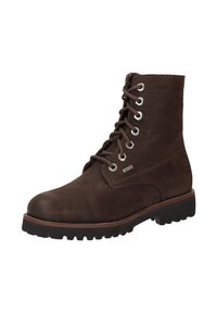 Stivale alla caviglia in pelle marrone scuro con lacci, suola robusta e occhielli in metallo, progettato per l'uso all'aperto o per un look casual.