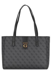 Černá taška přes rameno vyrobená z odolného materiálu, s opakujícím se vzorem loga, dvojitými madly a zlatým akcentem "G" na přední straně.