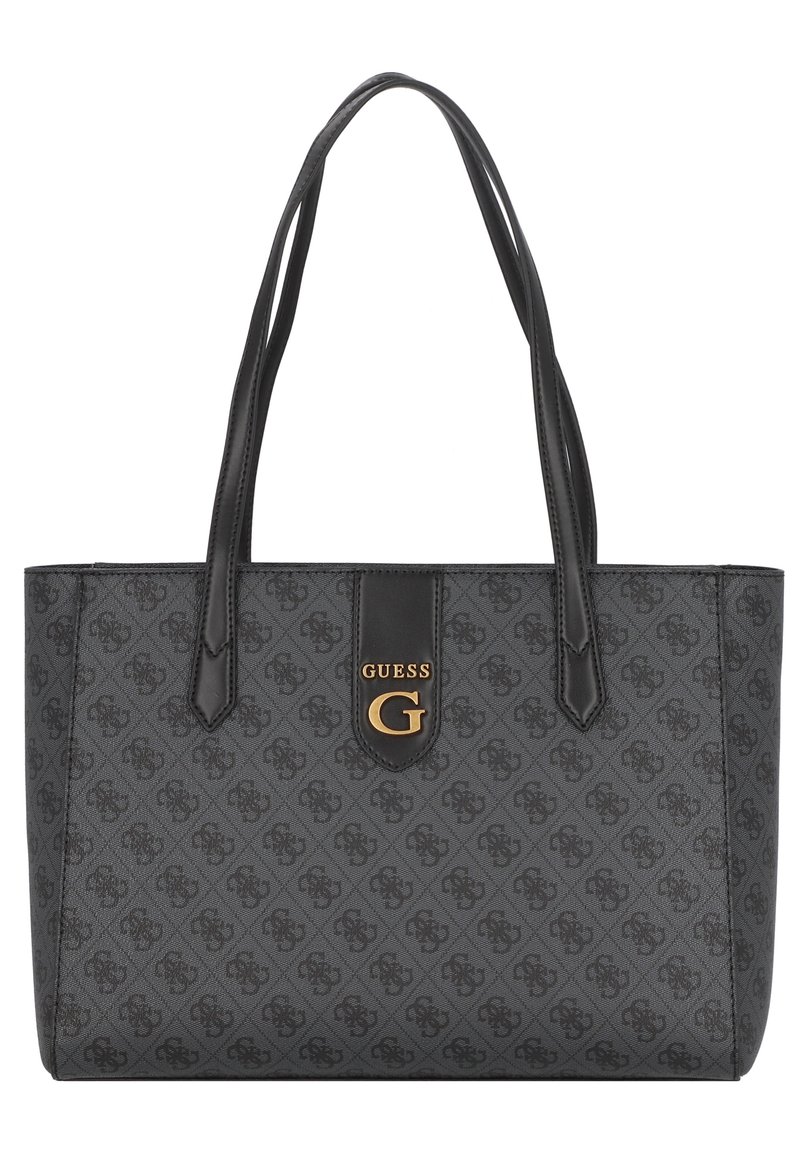 Černá taška přes rameno vyrobená z odolného materiálu, s opakujícím se vzorem loga, dvojitými madly a zlatým akcentem "G" na přední straně.