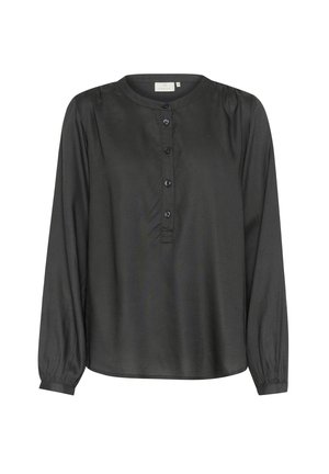 Schwarzes Langarmshirt mit rundem Halsausschnitt, Knopfverschluss, plissierten Schultern und gerafften Manschetten, aus glattem Stoff mit leichtem Glanz.