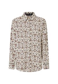 Camicia a maniche lunghe realizzata in tessuto con un motivo floreale multicolore su uno sfondo chiaro, dotata di colletto classico e chiusura con bottoni.