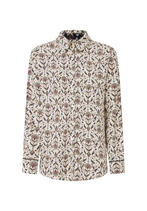 Chemise à manches longues en tissu avec un motif floral multicolore sur fond clair, dotée d'un col classique et d'une fermeture par boutons.