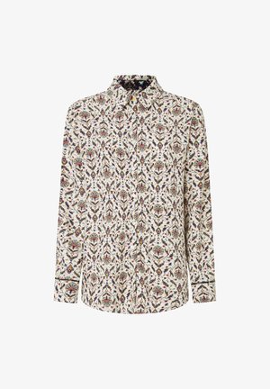 Majica s dolgimi rokavi, narejena iz tkanine z cvetličnim vzorcem v več barvah na svetli podlagi, s klasičnim ovratnikom in gumbnim zapiranjem.