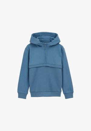 Zila kapuce, kas izgatavota no mīksta auduma, ar augstu apkakli, rāvējslēdzēju, ribotām piedurknēm un teksturētu apakšējo paneļu.