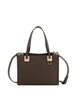 Braune, strukturiert Lederhandtasche mit goldfarbenen Beschlägen, zwei oberen Griffen und einem abnehmbaren Schultergurt. Rechteckige Form.