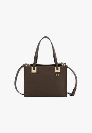 Sac à main en cuir marron texturé avec des accents en métal doré, double poignées supérieures et une bandoulière amovible. Forme rectangulaire.