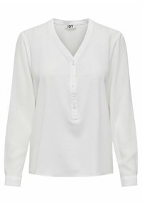 Chemise blanche à manches longues avec un col en V, en tissu texturé et fermeture par bouton au col. Coupe droite avec des poignets aux poignets.