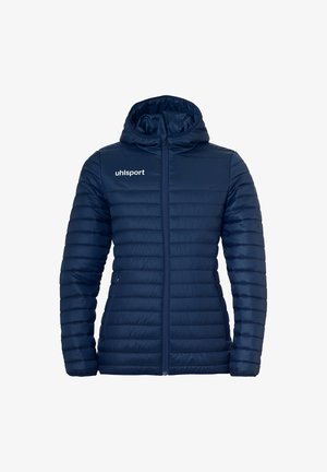 Marineblå hættetrøje pufferjakke, quiltet design, frontlynlås, har uhlsport-logo på den øverste venstre bryst, glat tekstur.