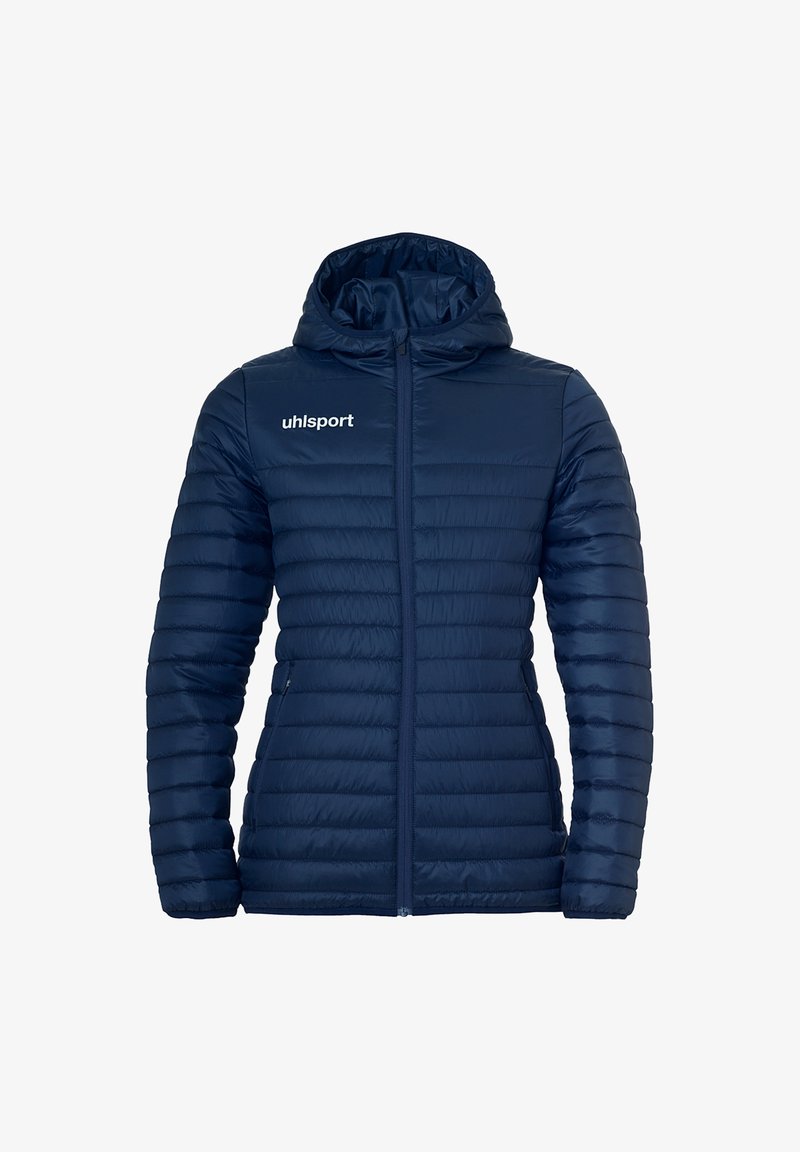 Marineblå hættetrøje pufferjakke, quiltet design, frontlynlås, har uhlsport-logo på den øverste venstre bryst, glat tekstur.