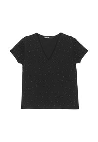 Czarny t-shirt z dekoltem w serek, wykonany z miękkiej tkaniny, ozdobiony rozproszonymi srebrnymi zdobieniami z przodu. Krótkie rękawy i luźny krój.