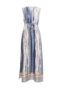 Robe maxi avec un motif bleu et crème présentant des rayures verticales et des motifs de diamant, taille cintrée et ourlet à motifs.